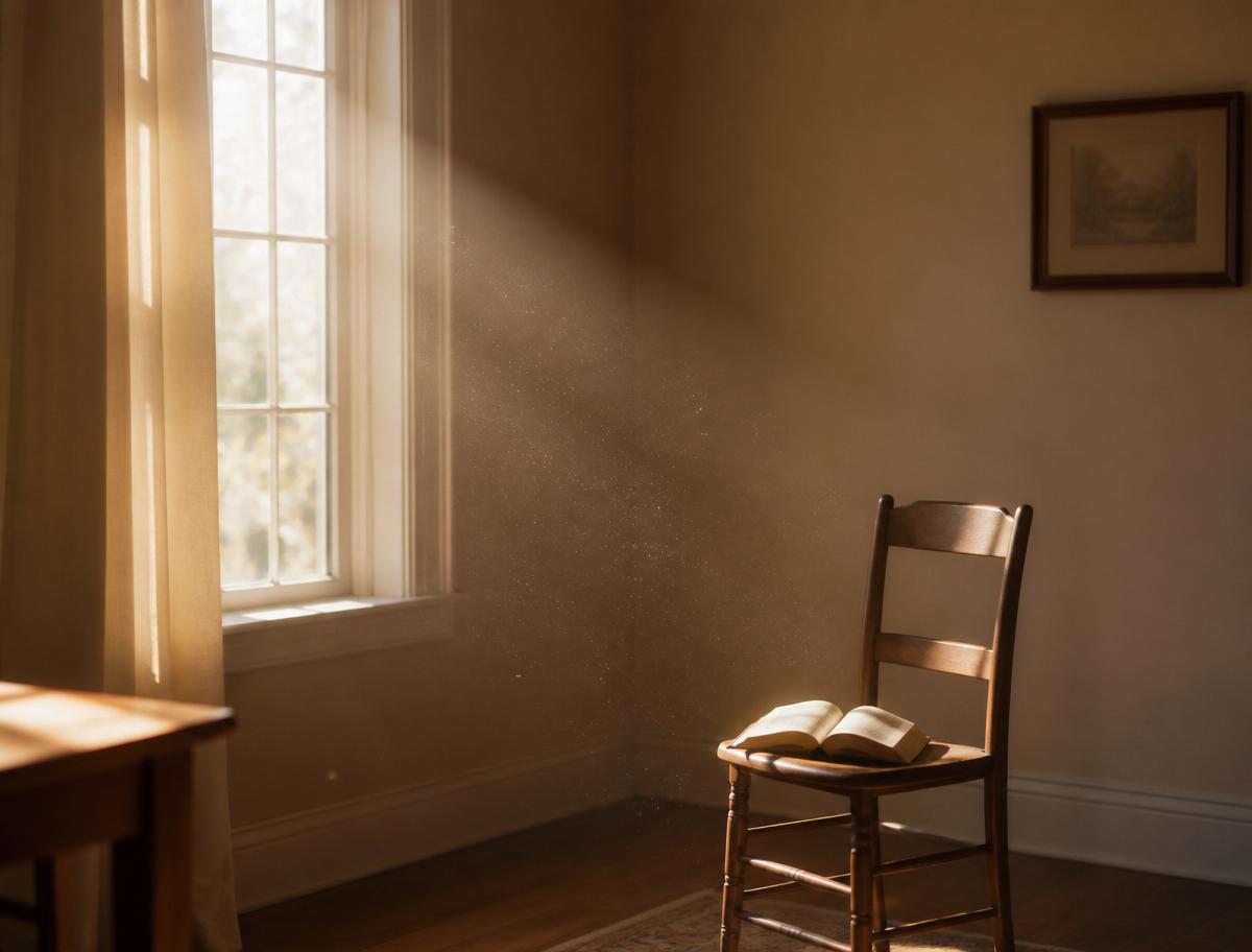 Luz do sol entrando por uma janela em um quarto tranquilo com um livro aberto sobre a cadeira